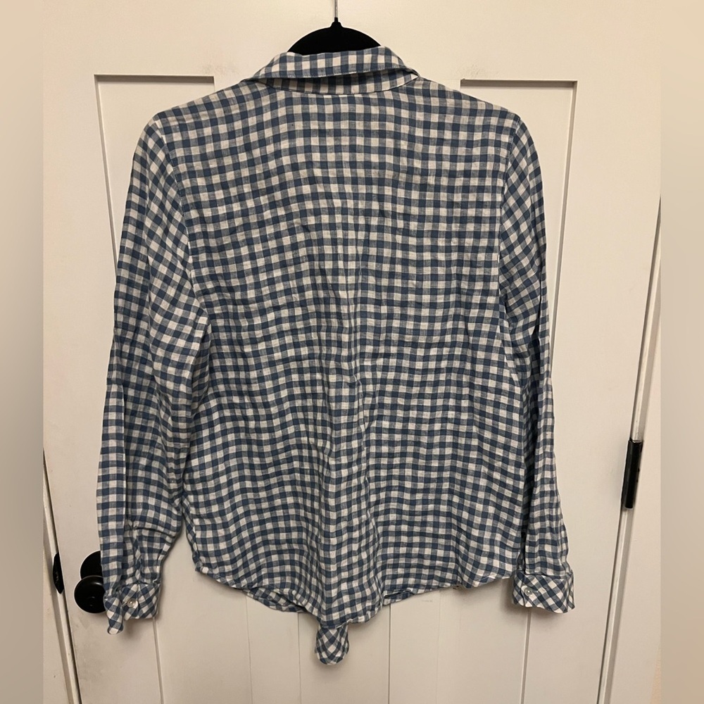 J. Jill Love Linen Blue Checker Gingham Popover Tunic Blouse V-Neck Size Medium - Picture 3 of 7